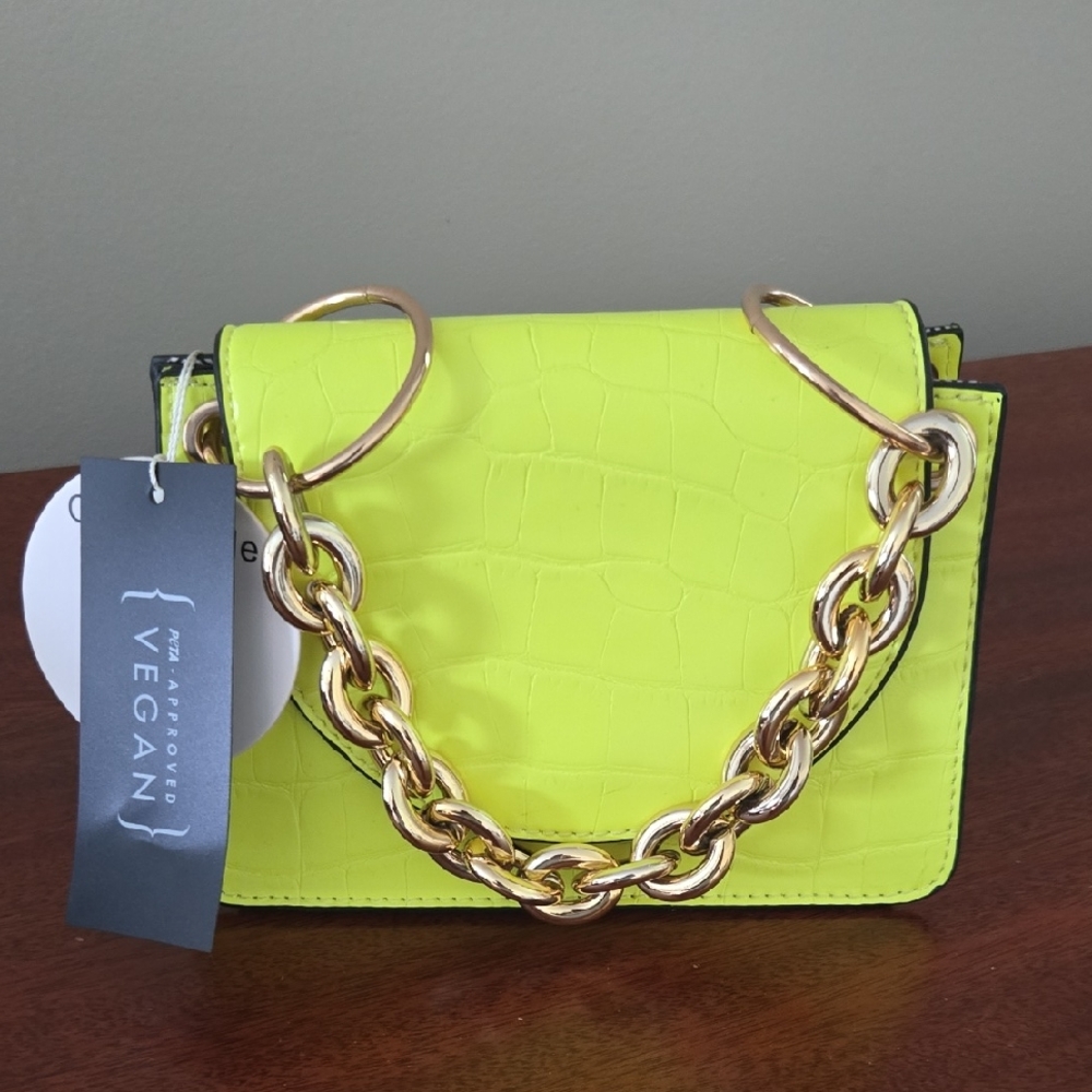 Vegan Neon Lime Croc-Embossed Chain Shoulder Bag